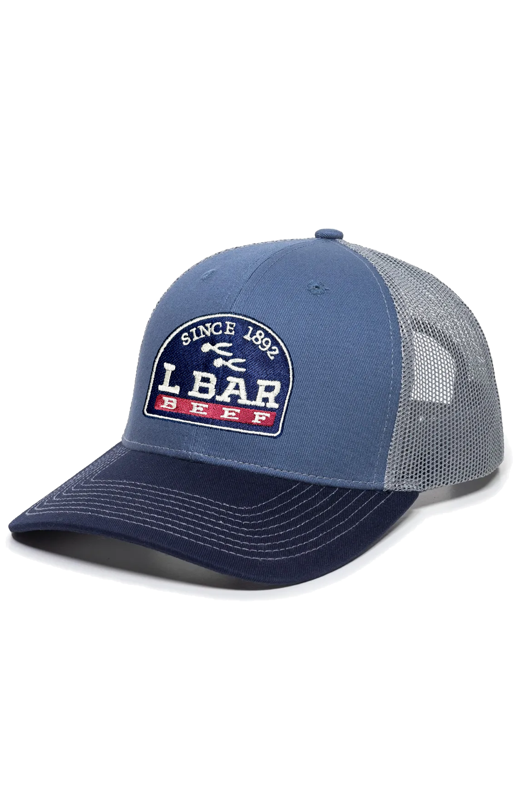 LBAR Beef cap featuring a navy blue front and gray mesh back, with an embroidered logo that includes "Since 1892" and "LBAR Beef." Ideal for casual wear and outdoor activities.